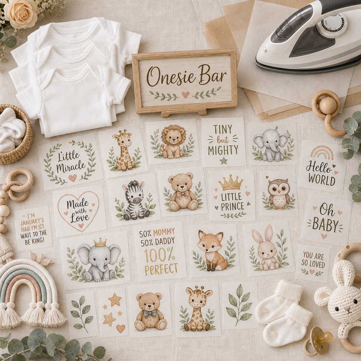 Onesie Bar flat lay with baby iron-on transfers