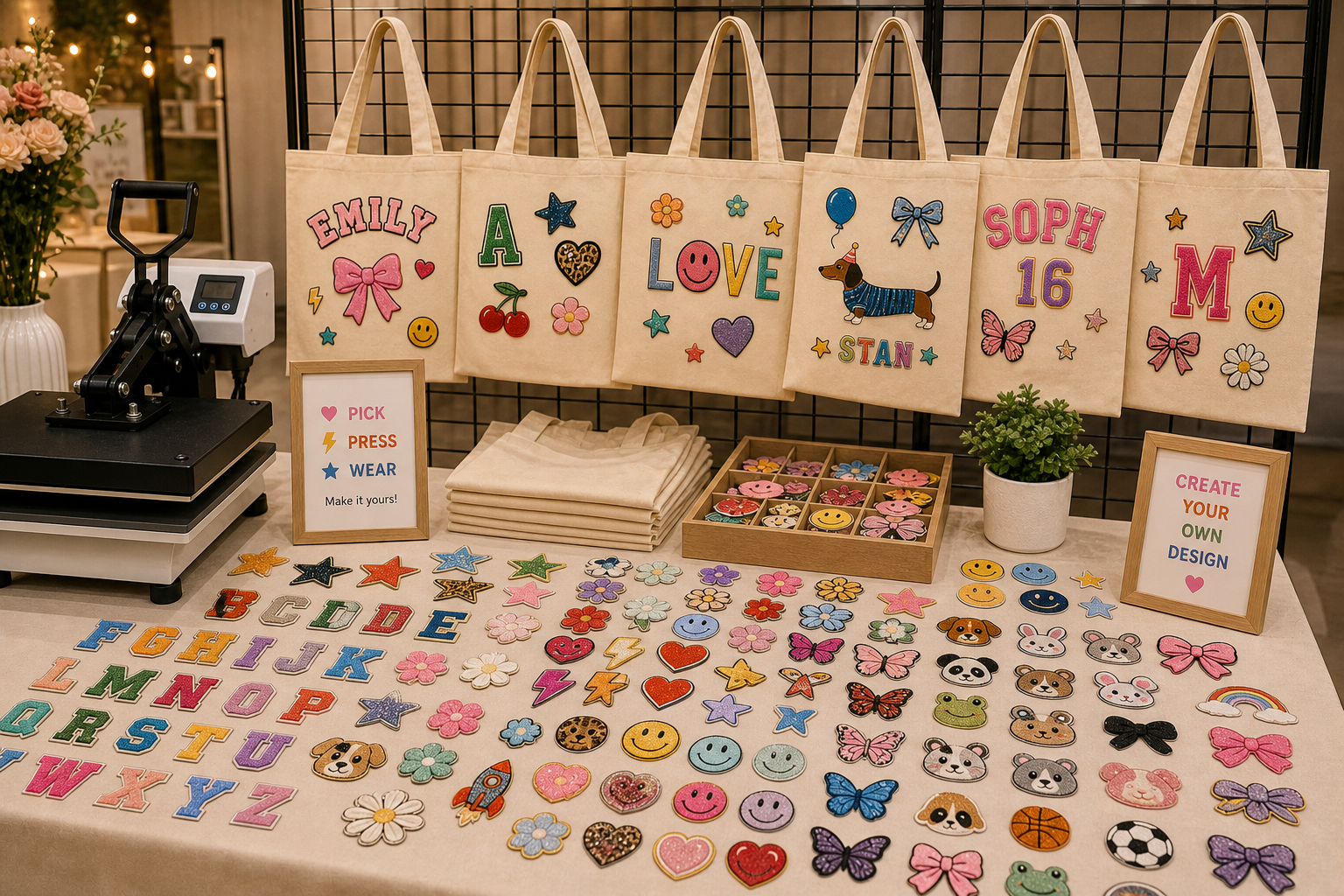 Live tote patch station with hanging creations